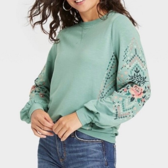 Knox Rose Tops - NWT KNOX ROSE SWEATSHIRT WITH GORGEOUS EMBROIDERY, FRENCH TERRY IN LAKE GREEN